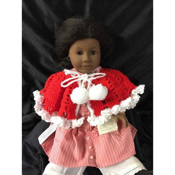 Doll Shawl Crochet Handmade with Pom Pom Closure Red w/White Trim accessories - Picture 1 of 6